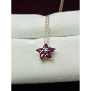 Vintage Ruby & Diamond Pendant Necklace 10K Yellow Gold Flower Shape ADL 20"